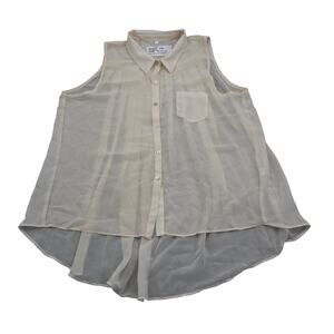 Nine Bird Shirt Womens L Ivory Sheer Chiffon Button Up Sleeveless Collared Top